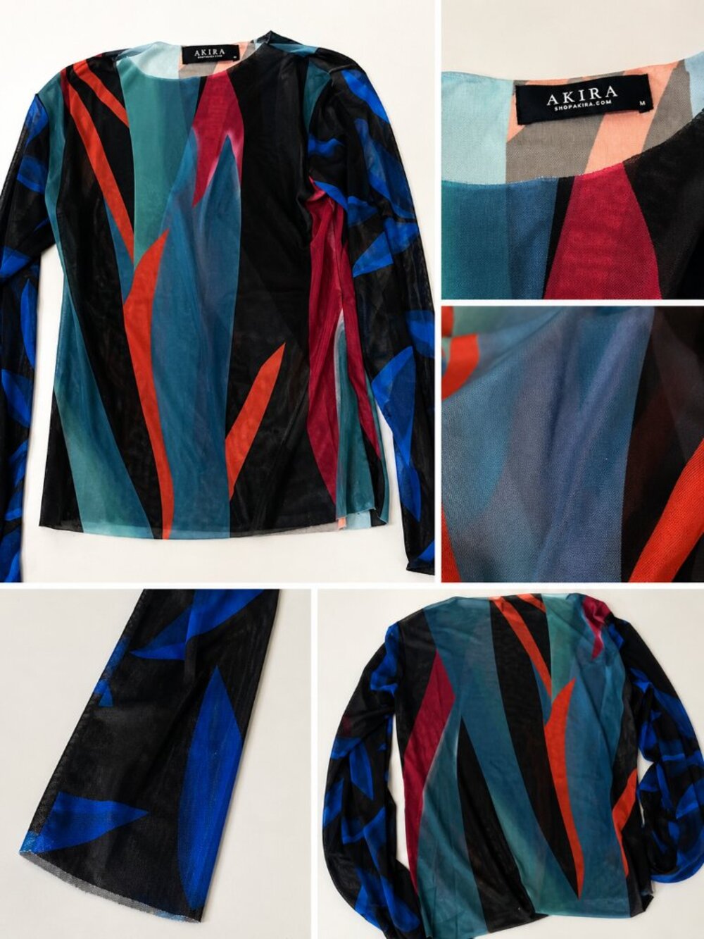 AKIRA Abstract Print Sheer Long Sleeve Top Multicolor Size Medium